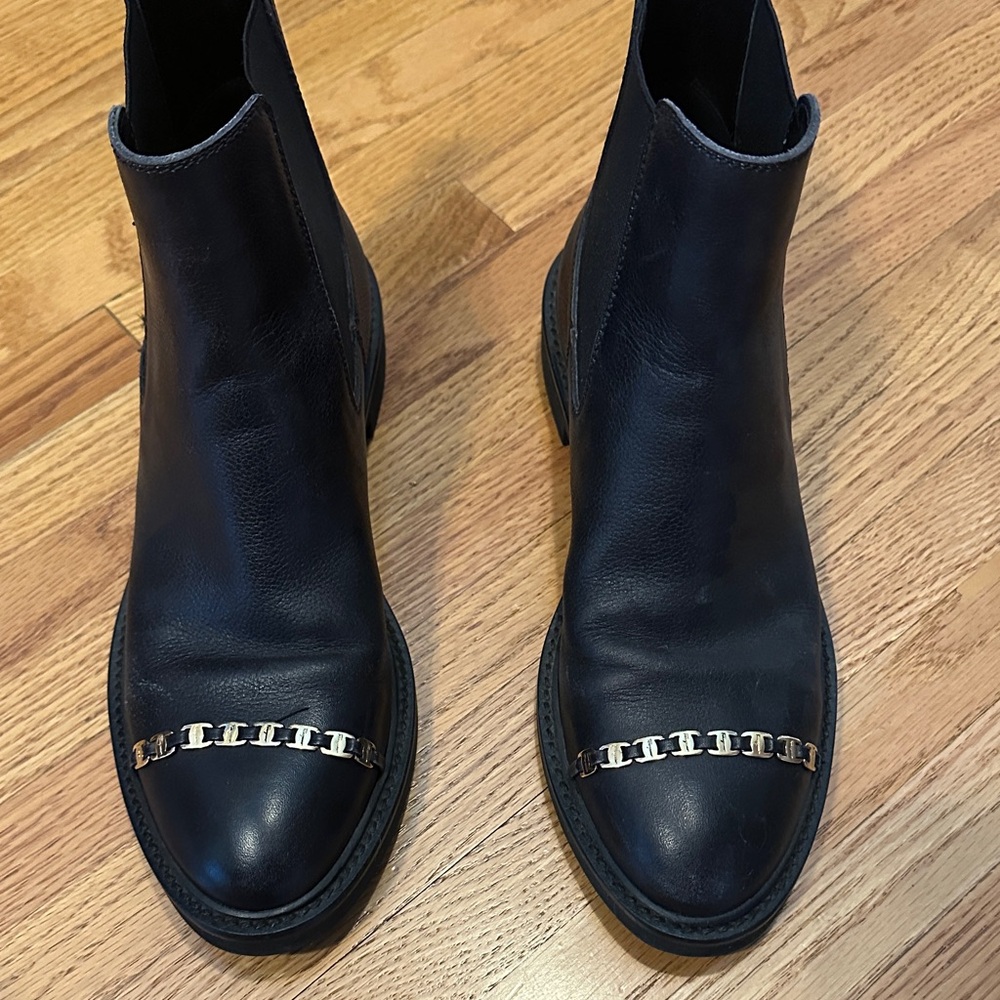 Salvatore Ferragamo Black Leather Moto Boots with Chain Accent